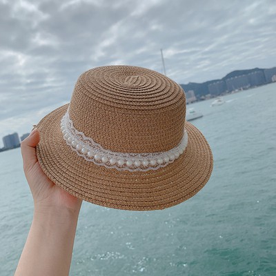 Mũ Cói Phối Ren Đính Ngọc Trai Giả Kiểu Hàn Quốc Xinh Xắn Cho Bé Gái