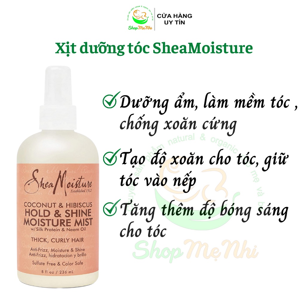 Xịt dưỡng tóc SheaMoisture Coconut &amp; Hibiscus Hold &amp; Shine Mist dưỡng ẩm, giữ nếp và bóng tóc.