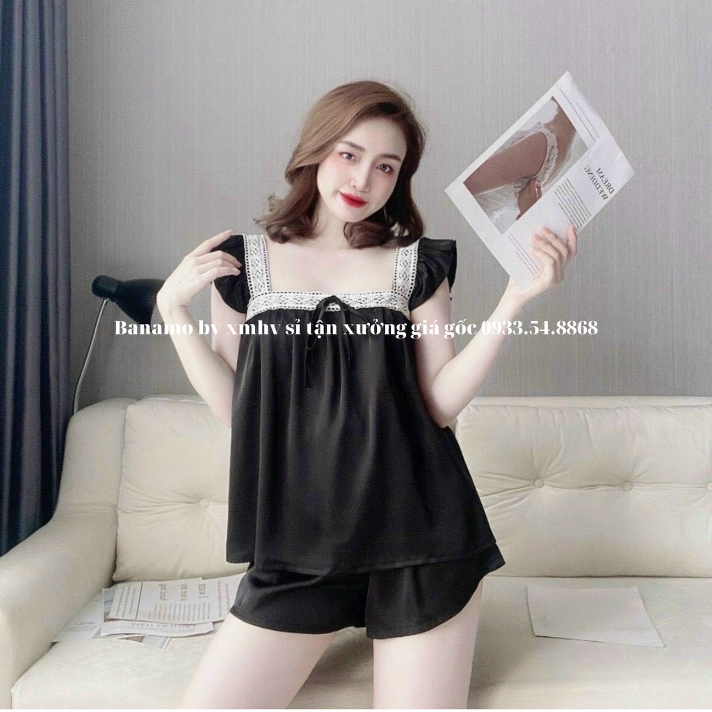 Bộ lụa satin phối ren cao cấp siêu đẹp thời trang Banamo fashion bộ lụa satin 174