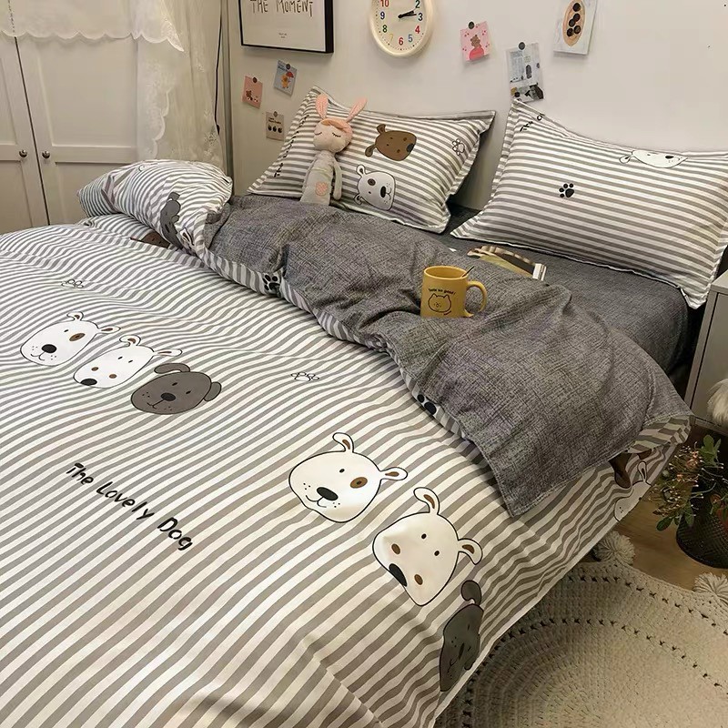 Bộ chăn ga gối cotton poly Lidaco decor phòng ngủ vintage - Chó Đốm Kẻ ( SP001352 )