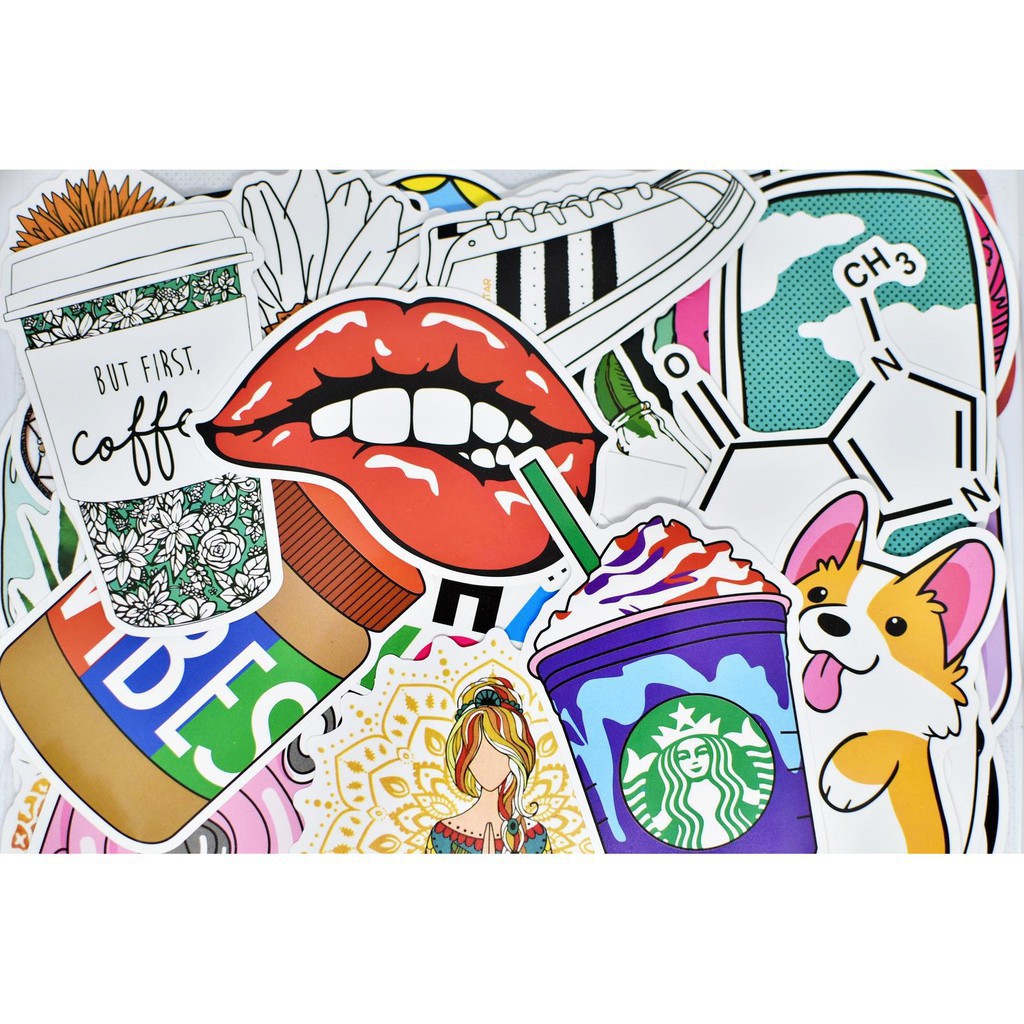 Set 50 Miếng Dán Sticker Instagram Starbucks Corgi Chống Nước Dán Nón Bảo Hiểm, Laptop, Vali, Tủ, Bàn Học,Xe Honda, O To