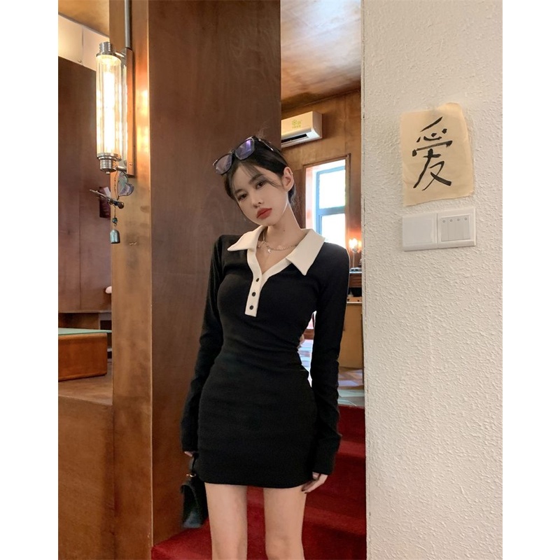 COZOK Đầm Tay Dài Cổ Polo Dáng Ôm Phối Màu Tương Phản Quyến Rũ