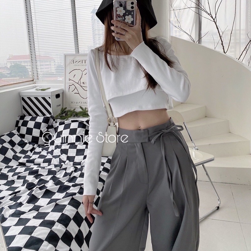 Quần tây nữ ống suông ống rộng cạp cao thắt dây bên hông