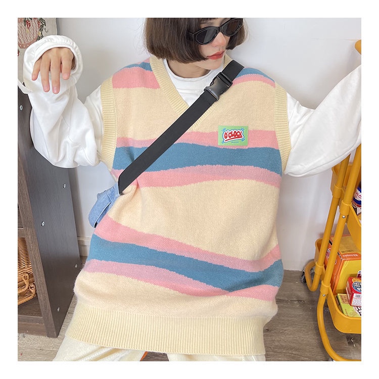 Thời Trang Áo Len Dệt Kim Không Tay Dáng Rộng Phối Màu Tương Phản Phong Cách Hàn Quốc