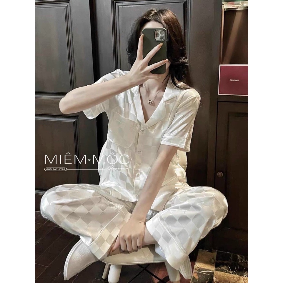 Đồ bộ nữ tay dài tiểu thư thiết kế theo phong cách quảng châu- tay ngắn lụa gấm ô
