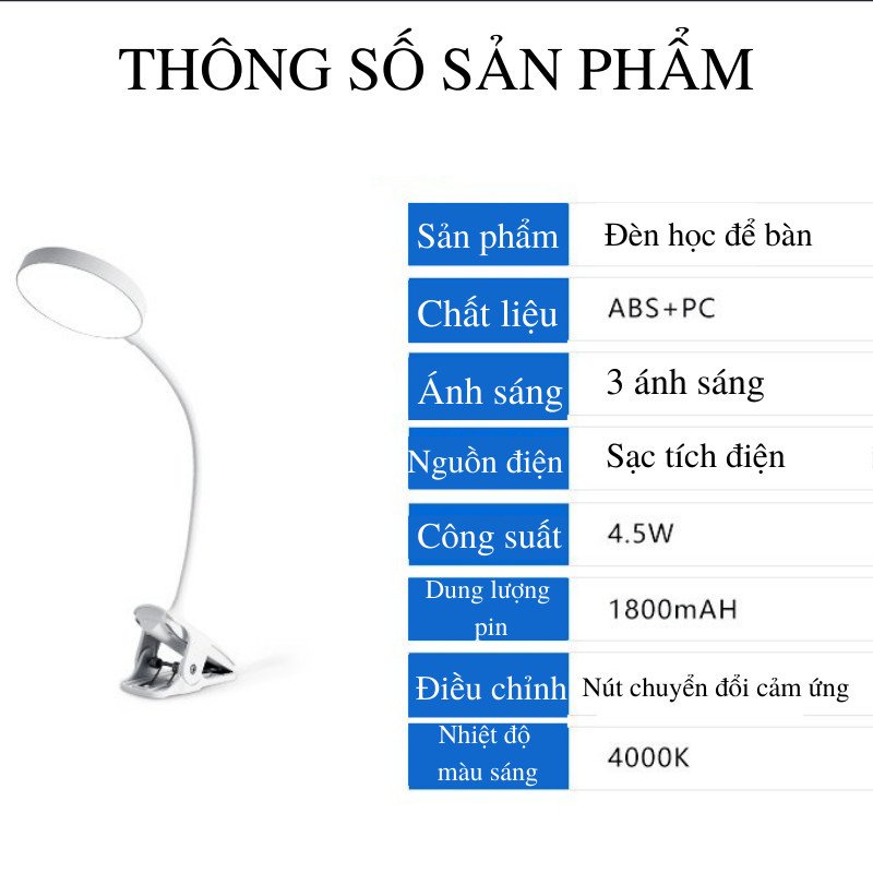 Đèn Học Đọc Sách, Đèn Kẹp Chống Cận 3 Chế Độ Sáng, Nút Bấm Cảm Ứng Tiện Dụng ĐÈN TOKI