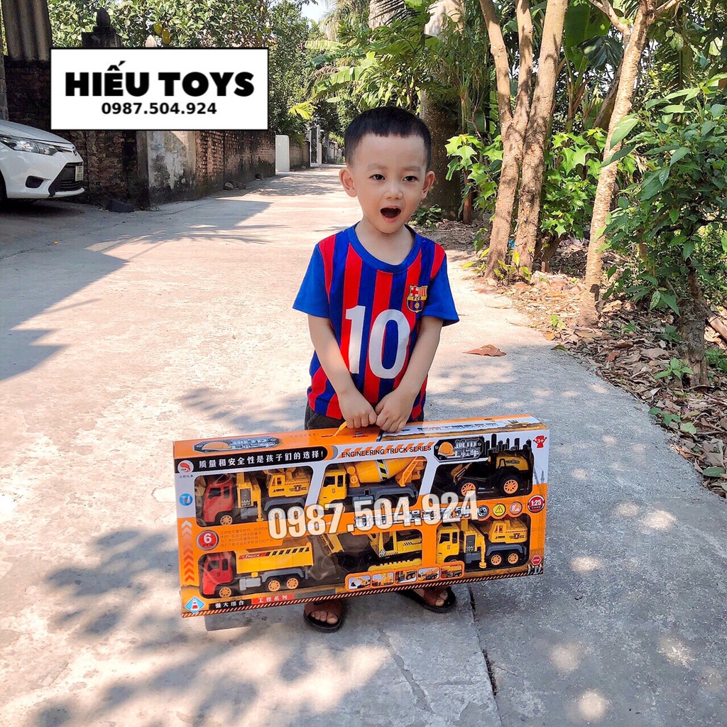 Đồ Chơi Ô Tô  Hộp 6 Xe Tải,Xe Công Trình Xây Dựng   Máy Xúc,Máy Cẩu,Xe trộn Chạy Đà Cỡ Lớn Cho Bé Từ 2 Đến 10 Tuổi