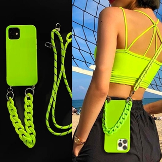 Ốp điện thoại silicon phối dây xích kèm dây đeo màu xanh lá cây neon
 IPhone 11 12 Pro Max XR X XS 8 Plus 7 SE 2020
