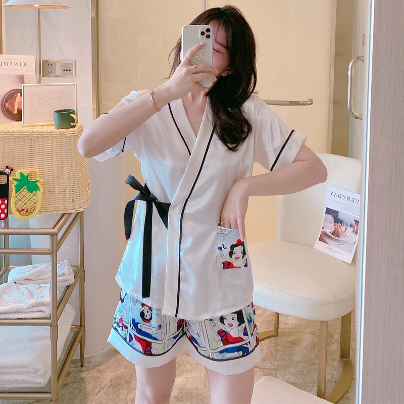 Bộ ngủ lụa pijama dạng kimono sợi tổng hợp nữ mùa hè vạt chéo