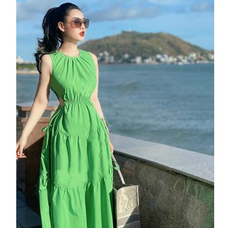 Đầm Maxi Cổ Yếm,váy Xanh Cốm Dáng Xòe Thiết Kế Phân Tầng Dự Tiệc Đi Biển Sang Chảnh Thời Trang Xm Minh Phúc