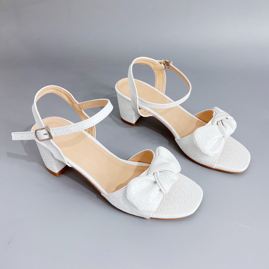 Giày sandal cao gót nữ 7cm GÓT XINH GD17 quai phối nơ đế trụ vuông