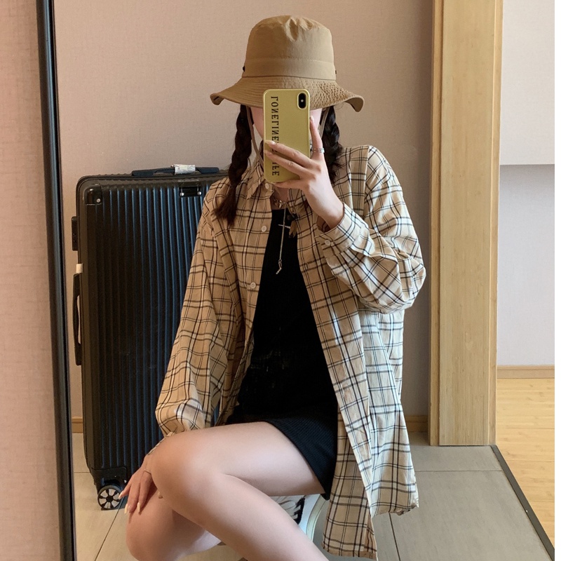 SUXI Áo Sơ Mi Tay Dài Dáng Rộng Kiểu Hàn Quốc Họa Tiết Sọc Caro Cá Tính