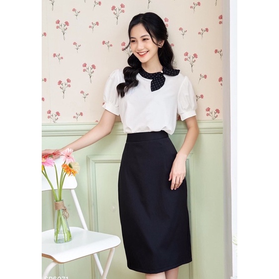 Áo sơ mi cộc tay nơ hạt ngọc