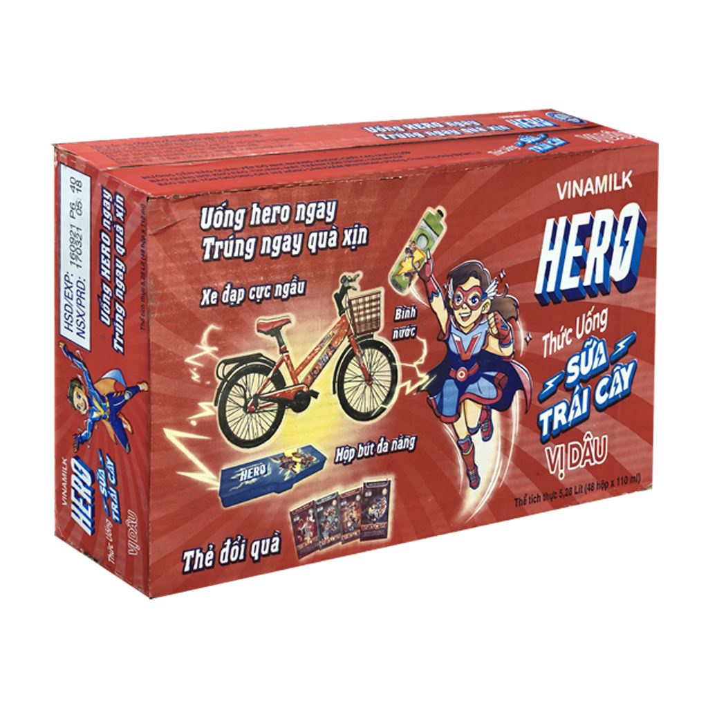 Thùng 48 Hộp Thức Uống Sữa Trái Cây Hero Vị Dâu 180ml