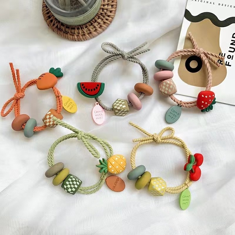 Dây Buộc Tóc Da Cao Su Co Giãn Đính Hạt Nhiều Màu Hình Trái Cây Thời Trang Cho Nữ