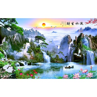 Tranh 3d dán tường in vải lụa kim tuyến, tranh sơn thủy hữu tình, tranh phong thủy trang trí phòng khách - pt32