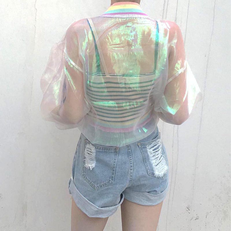 Áo khoác form lửng trong suốt phối cổ tay áo màu cầu vồng cá tính | BigBuy360 - bigbuy360.vn