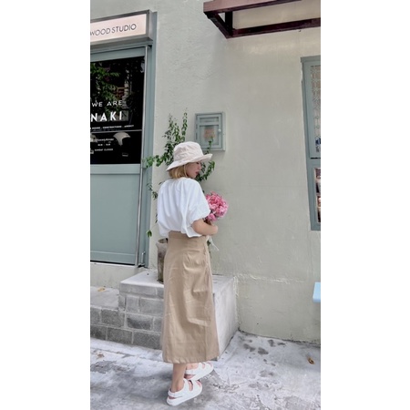 Set váy vintage chân váy kaki chữ A kèm áo sơ mi tay bồng