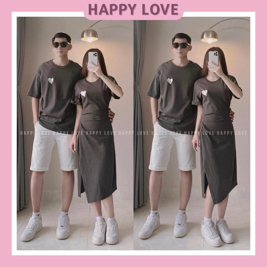 Đồ cặp nam nữ couple set áo váy đôi thêu trái tim màu ghi xám chất cotton dày đẹp HAPPYLOVE H84