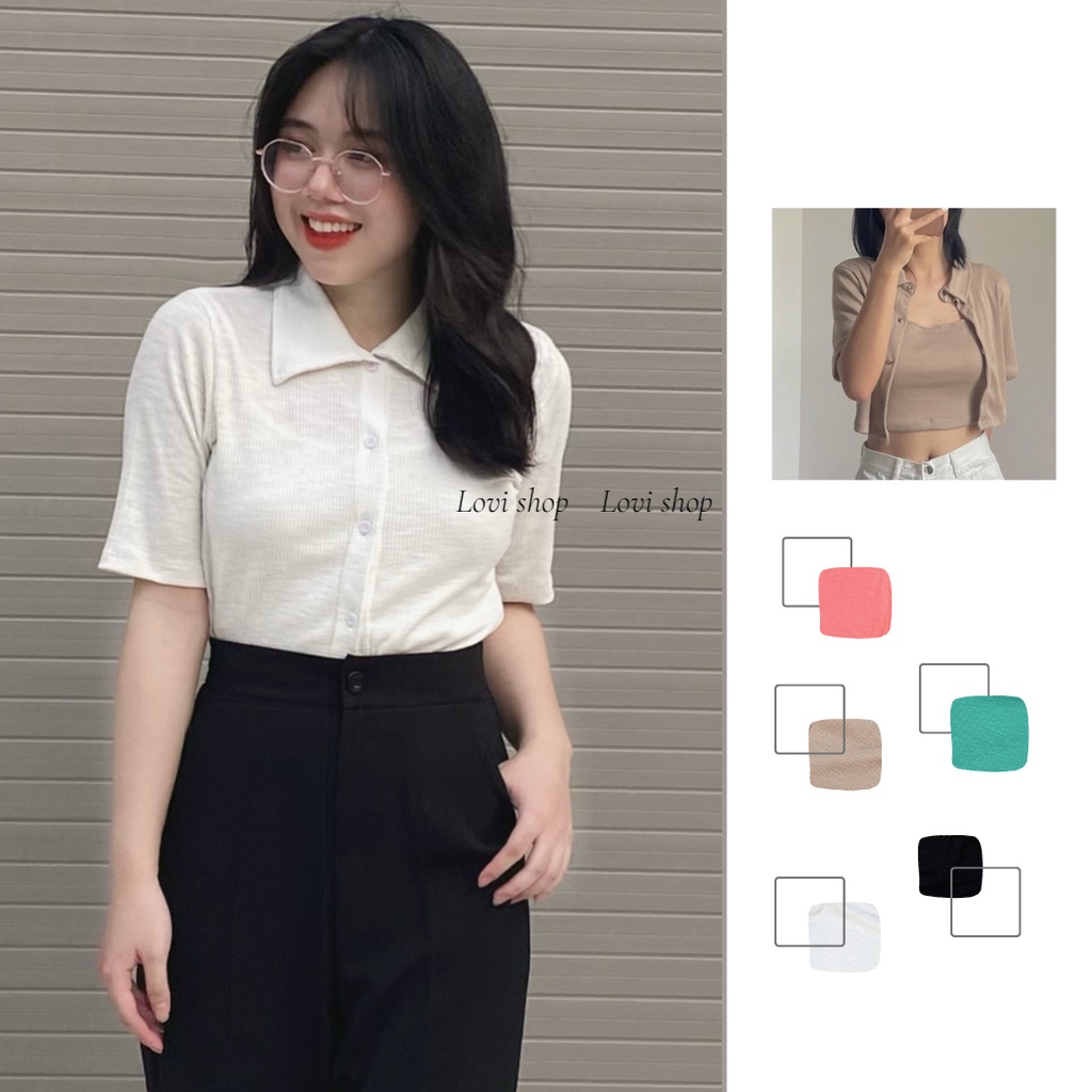 LOVI SHOP Set áo sơ mi croptop thun gân tăm mềm 2 in 1 nhiều màu