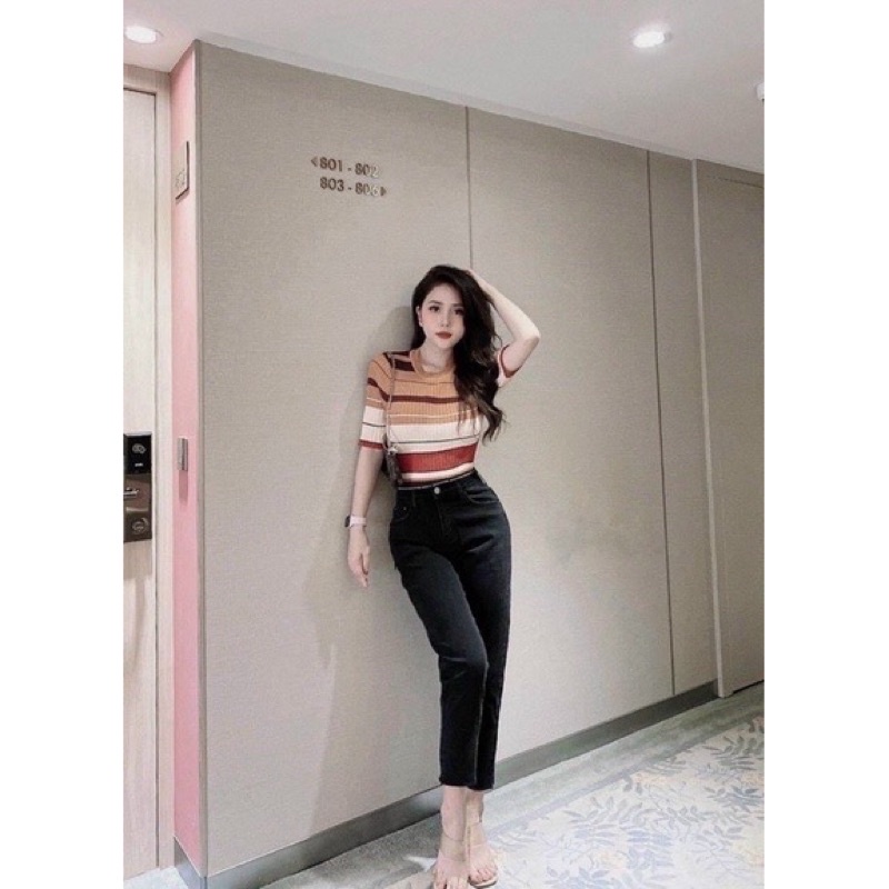 Áo len kẻ ngang cổ tròn tay lỡ