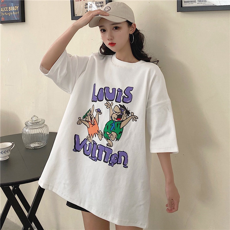 SUXI Áo Thun Tay Ngắn Cổ Tròn Dáng Rộng In Chữ Kiểu Retro Hàn Quốc Dễ Thương