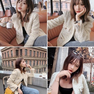 Áo khoác dạ tweed trắng cổ tròn dáng ngắn vintage [Ảnh thật 3-9]