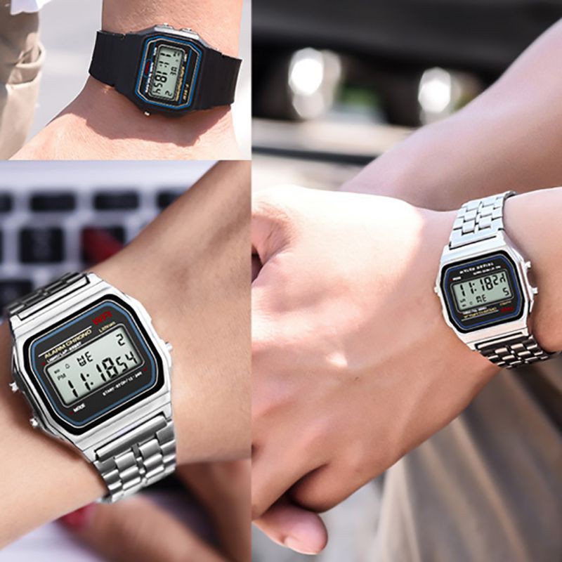 [Baywellfashion]Đồng hồ LED điện tử dây thép không gỉ phong cách Retro cho nam