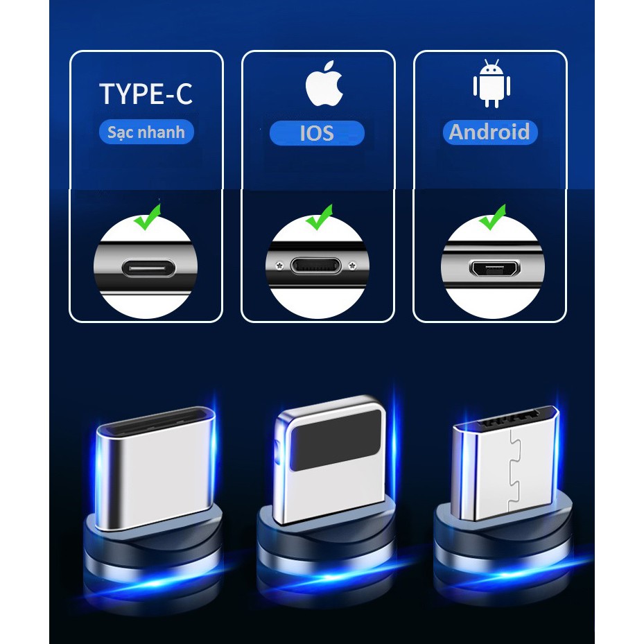 Cáp sạc từ hít nam châm 3 đầu Android và iPhone TYPE-C 360 độ dây dù có LED