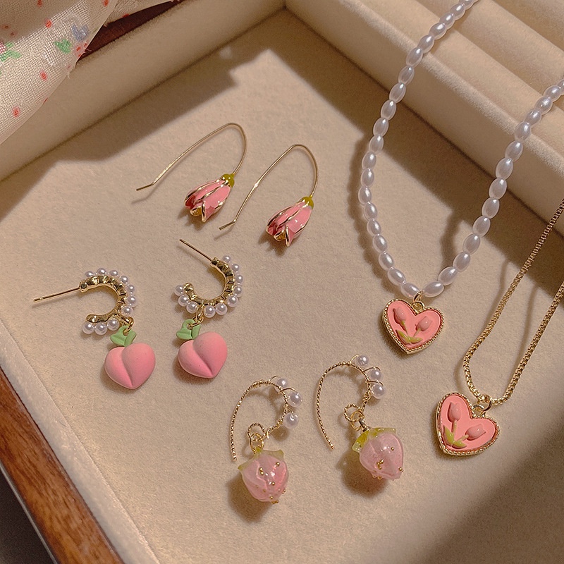 Bộ Vòng cổ + Bông Tai Hình Hoa Tulip / Chú Heo / Trái Tim Đính Ngọc Trai Thời Trang