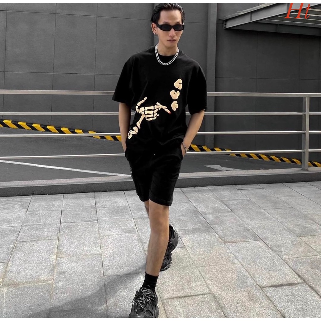 Áo Thun Tay Lỡ Bàn Tay Xương Smoker BIGOMALL - Áo Phông Nam Nữ Unisex Freesize Form Rộng 65kg Chất Cotton