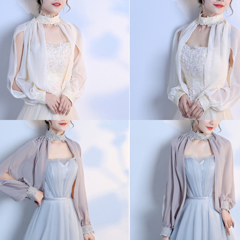 Áo Choàng Chiffon Dài Tay Phối Ren Hở Lưng Thời Trang Cho Cô Dâu