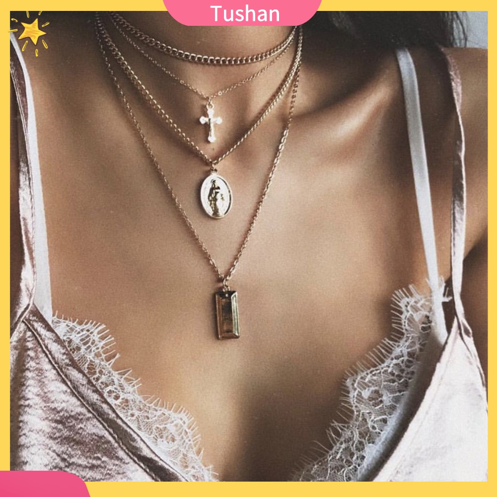 Vòng cổ choker mặt chữ thập nhiều lớp phong cách retro