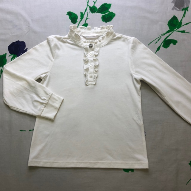 Áo Kiểu Bé Gái Girls Poem Cổ Trụ Gài Nút Bèo Trắng Tay Dài Có Bo - Size 120