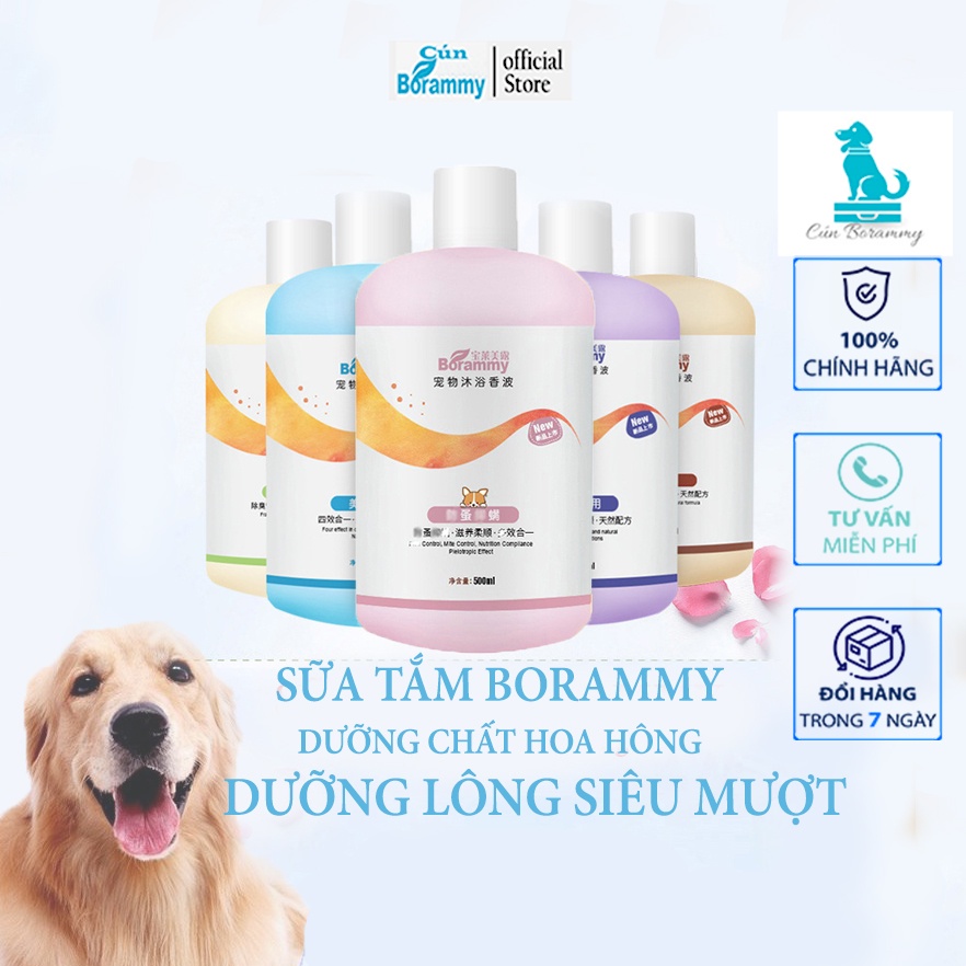 [Mã PET50 giảm 10% - tối đa 50K đơn 250K] Sữa tắm cho chó mèo BORAMMY dưỡng chất hoa hồng nuôi dưỡng lông loại 500ml