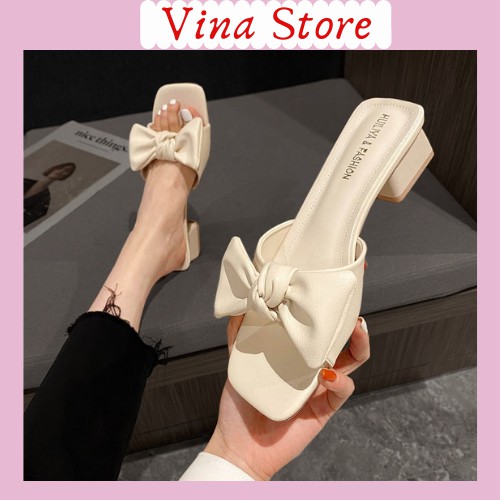 Guốc Dép Cao Gót Nữ Quai Nơ Đế Vuông 4P Siêu Xinh- mã SD36
