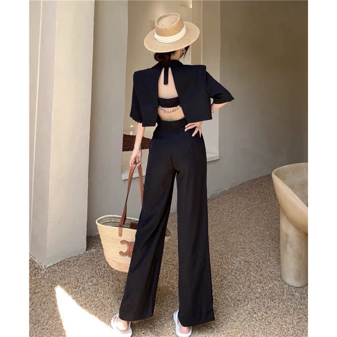 Set jumpsuit nữ áo hai dây quần ống suông kèm áo khoác blazer dáng croptop cut out ở lưng