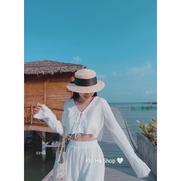 Set áo buộc dây ngực mix quần ống suông siêu xinh, Set đi biển đẹp