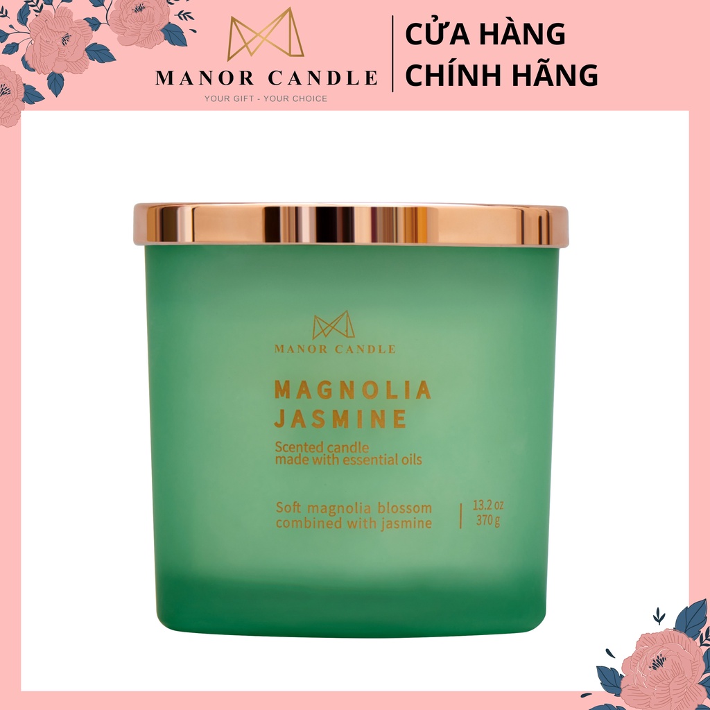 Nến thơm MAGNOLIA JASMINE cao cấp không khói an toàn, sáp cọ size 13oz 3 bấc 300gram