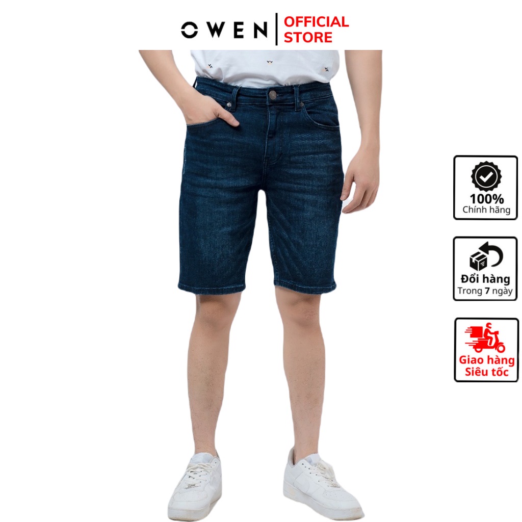 Quần short jean nam hàng hiệu OWEN SJ220264 sóc đùi ngố bò màu xanh đậm dáng slim fit ôm vừa vải denim cao cấp mềm mát