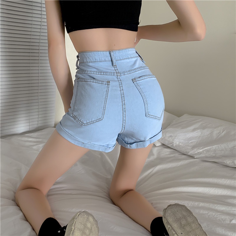 Quần Đùi jeans Lưng Cao Ống Rộng Phong Cách Hàn Quốc Thời Trang Cho Nữ