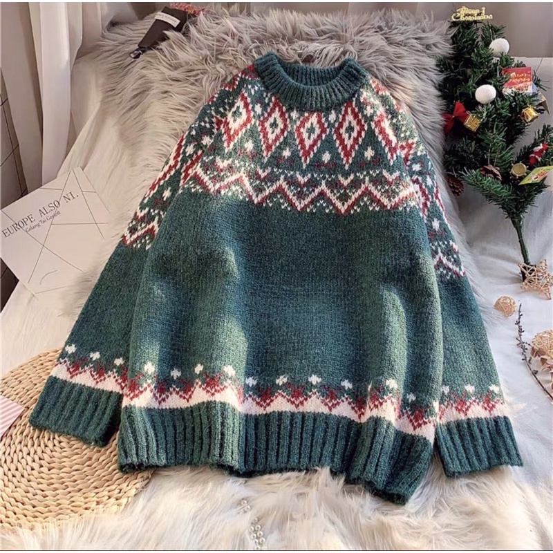 Áo len thổ cẩm nữ hoạ tiết Hàn Quốc xinh xắn/ Áo len hoạ tiết Noel siêu ấm