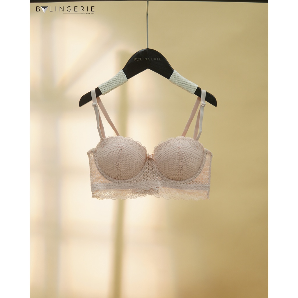 Bộ đồ lót ren nữ BY LINGERIE màu hồng nude áo quây có gọng độn mút dày siêu nâng ngực B224