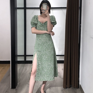 Đầm maxi xẻ tà họa tiết hoa tay phồng cổ vuông thời trang Hàn Quốc ngọt ngào