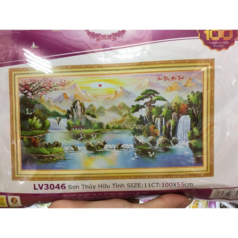Tranh thêu chữ thập phong cảnh sơn thủy hữu tình kt 100x55cm
