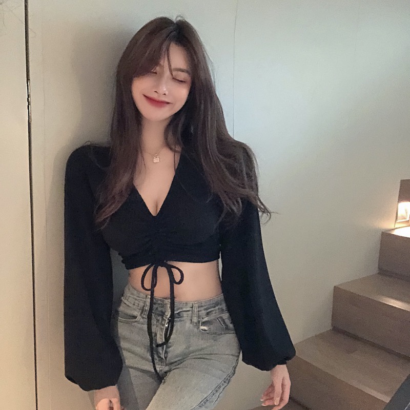 Porozi  Áo kiểu  dệt kim cổ chữ V tay dài phong cách Hàn Quốc thời trang dành cho nữ