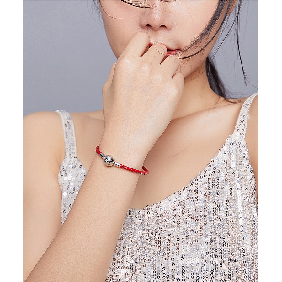 Vòng tay dây da bện đỏ Bamoer BSB042 mặt hình quả cầu tròn