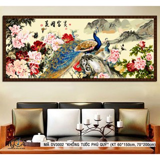 Tranh tô màu khổ lớn sơn dầu số hóa - Mã DV3002 Khổng tước phú quý Tranh công mẫu đơn cầu tài lộc may mắn