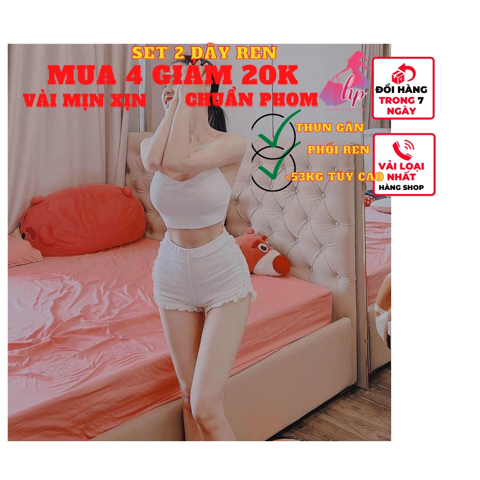 Set đồ nữ áo croptop 2 dây kèm quần cộc ngắn phối ren thun gân mặc nhà ngủ- -set ngủ - vd40