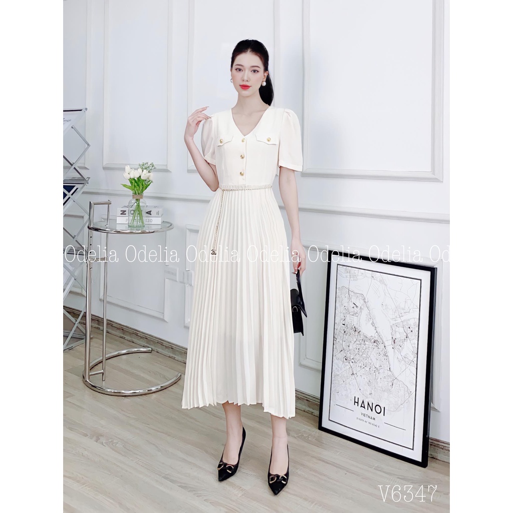 Đầm liền dáng dài xếp li Odelia, cổ tim - V6347